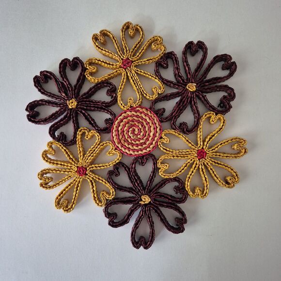 Unbranded Other - VTG Brown Boho Cottagecore Handwoven Raffia Straw Floral Petals Trivet Hot Pad